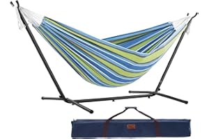 Vivere Double Cotton Hammock with Space Saving Steel Stand, Upgraded Polyester End Strings 450 lb Capacity - Premium Carry Bag Included - USA Grown Cotton (Oasis)