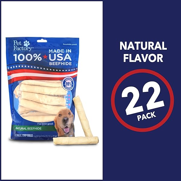 PET FACTORY 100% MADE IN USA BEEFHIDE CHIP ROLLS DOG RAWHIDE CHEWS, THICK, DOG CHEWS LONG LASTING FROM AMERICAN CATTLE, DOG CHEW BONES, 5 INCHES (PACK OF 22)