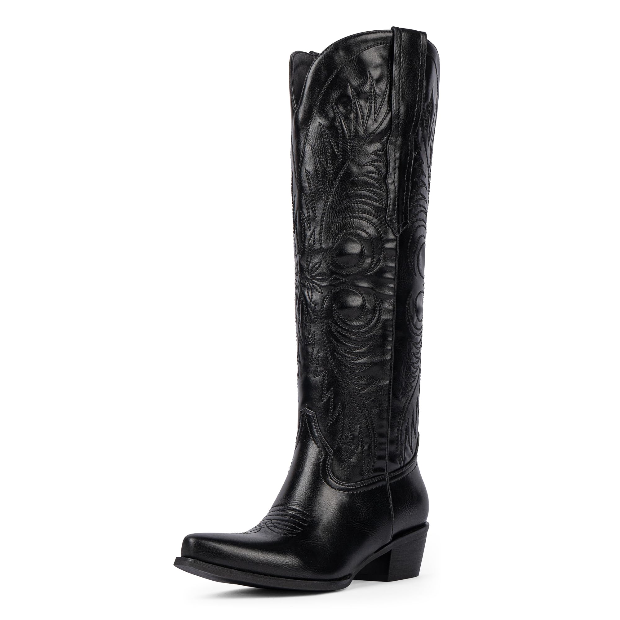 Photo 1 of Modatope Womens Black Cowboy Boots Wide Calf Embroidered Knee High Cowgirl Boots Pointed Toe Chunky Heel Pull On Dresses Black Western Boots Size 9.5