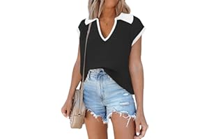 DISAMER Short Sleeve Sweater for Women 2024 Spring Striped Sweater Vest Polo Sweater Tank Tops Summer Tops Sweater Shirt Blouse
