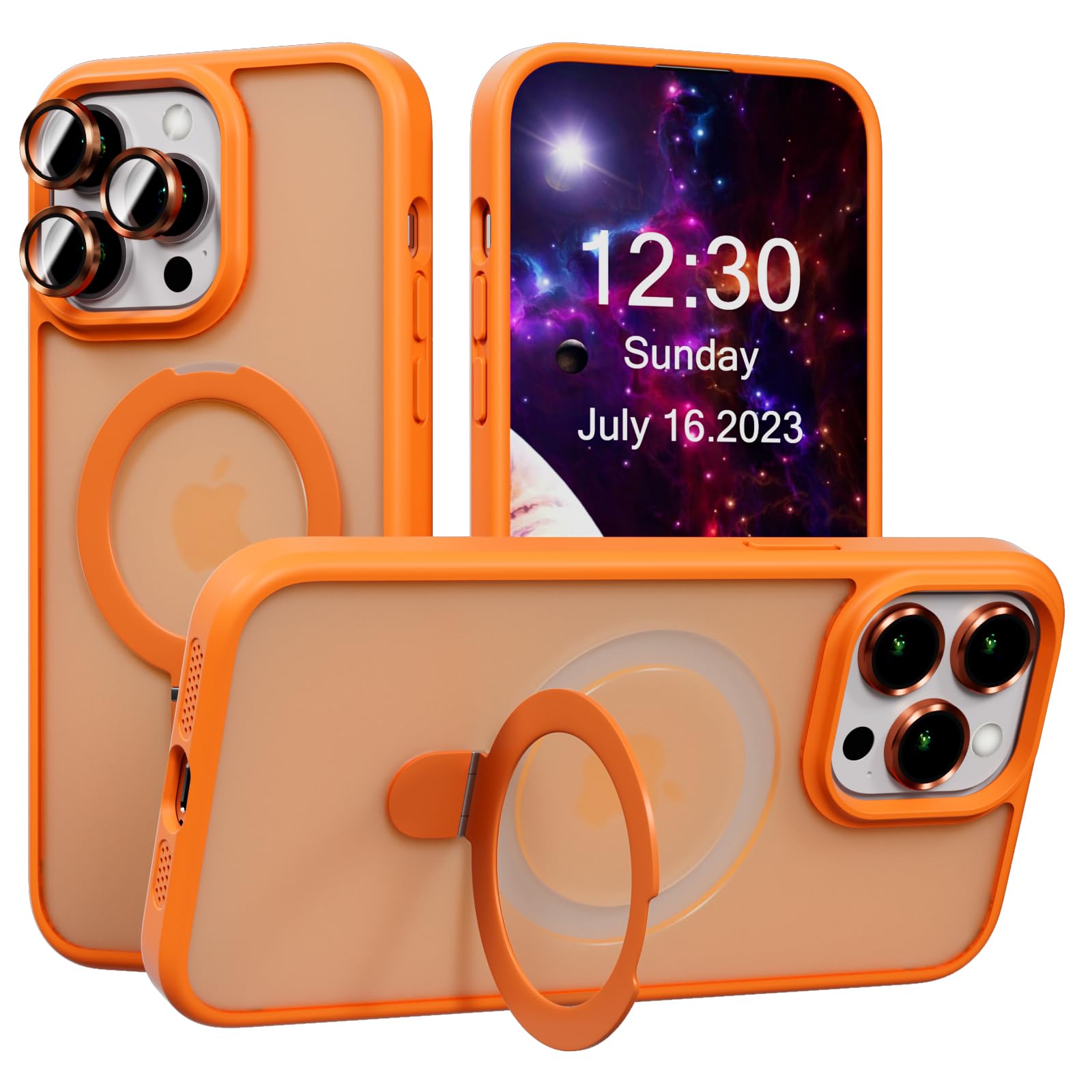 AKABEILA Case for iPhone 16 Pro Max Case with 3 Pcs Camera Lens Protector Frosted Matte Phone Case Cover Wireless Charging Magnetic Ring Stand 6.9 Inch Orange