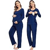 SWOMOG Women Maternity Pajama Set Nursing Pjs Double Layer Long Sleeve Top & Pants Breastfeeding Pregnancy Set with Pockets