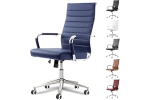 LEPDEP Okeysen Navy Blue Office Desk Chair, Ergonomic Leather Modern Conference Room Chairs, Executive Ribbed Height Adjustable Swivel Rolling Chair for Home Office.