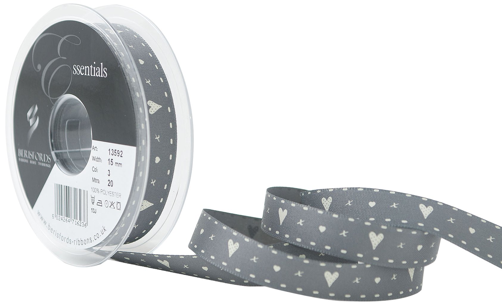 Berisfords 15 mm Hearts and Kisses Ribbon, Smoked Grey 13592-SG-15