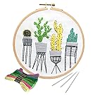 Unime Full Range of Embroidery Starter Kit with Partten, Cross Stitch Kit Including Embroidery Cloth with Color Pattern, Bamboo Embroidery Hoop, Color Threads, and Tools Kit (Cactus)