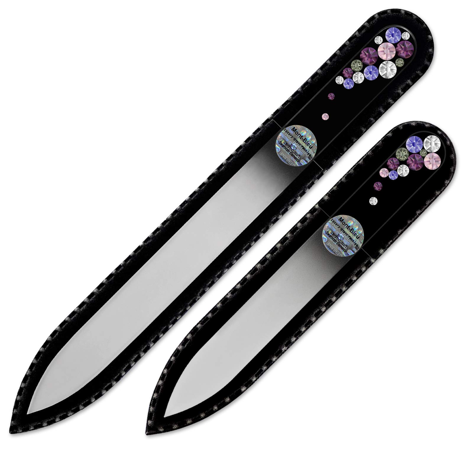 Mont Bleu Premium Set of 2 Crystal Nail Files Hand Decorated with crystals - in Black Velvet Sleeve - Genuine Czech Tempered Glass - Best Glass Nail Files Kit for Natural Nails