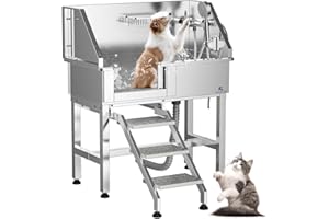 ROOMARK Dog Bathtub, 34" Stainless Steel Dog Washing Station with Sliding Door, Steps, Faucet and Sprayer, Dog Grooming Tub for Medium, Small Pets, Dog Tub for Home Max 110LB (Left Door)