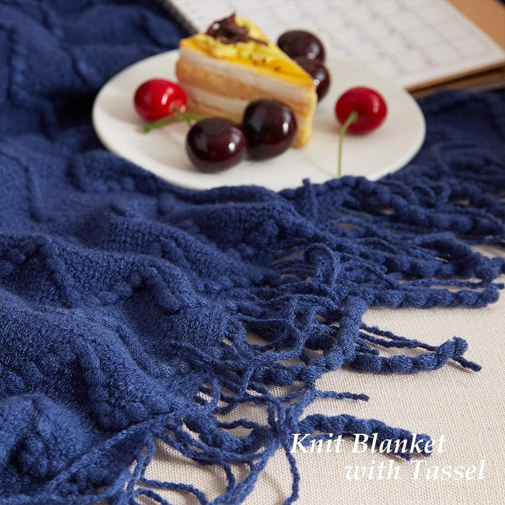 SunStyle Home Throw Blanket for Couch Sofa, Decorative Knitted Blanket(50x60inch) with Tassels, Soft Lightweight Cozy Woven Blanket for Women, Men and Adults, Suitable for All Seasons, Navy: Kitchen & Dining