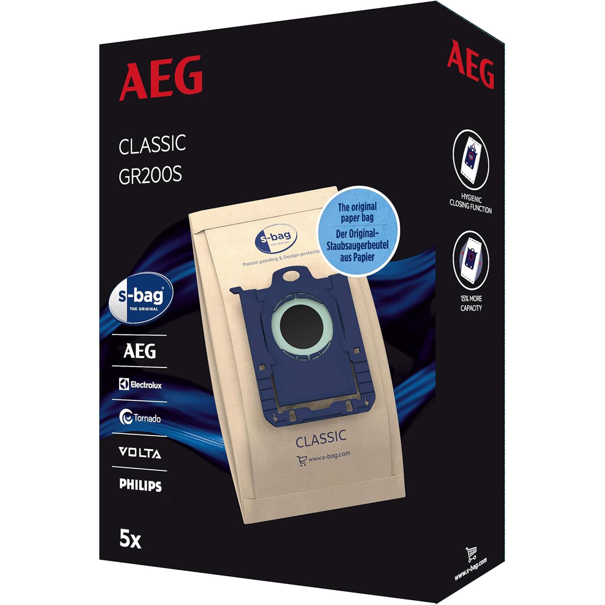 AEG GR200S - S-Bag Classic Vacuum Cleaner Bags, Pack of 5, Paper Dust Bags, Hygiene Closure, Long-Lasting Suction Power, Optimal Filtration, Compatible with AEG, Electrolux, Philips, Tornado, Volta