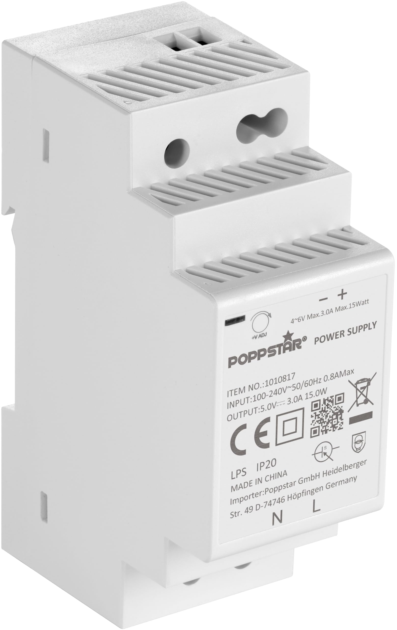 Poppstar DIN rail power supply P-30-5- 5V 15W (Input 100-240 V AC 50/60 Hz, Output 5 V DC 3 A 15 W)