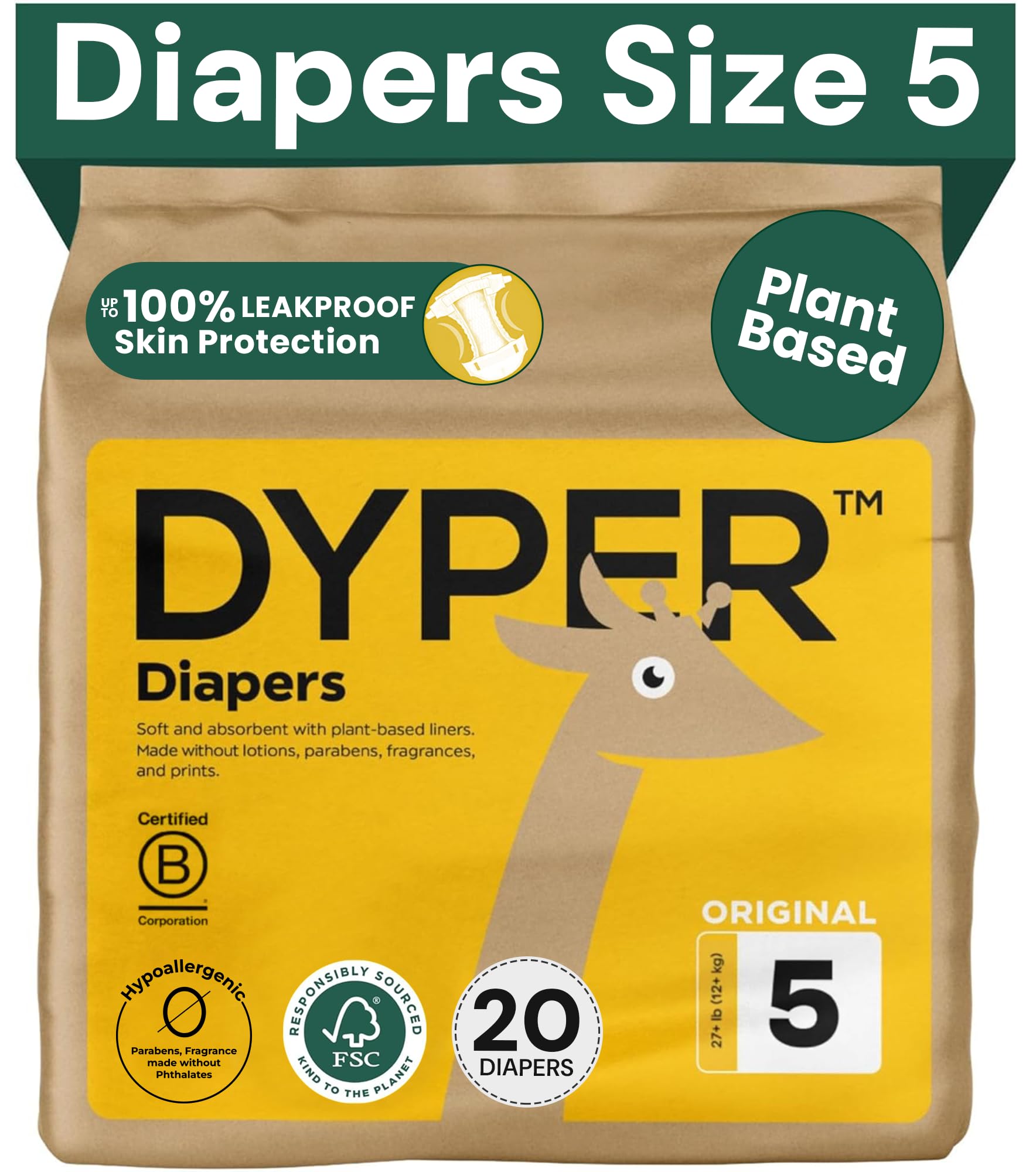 Photo 1 of DYPER - Baby Diapers Hypoallergenic Cloth Alternative Day & Overnight Protection - Made with Plant-Based* & Skin-Friendly Ingredients - Size 5 (20 Count)