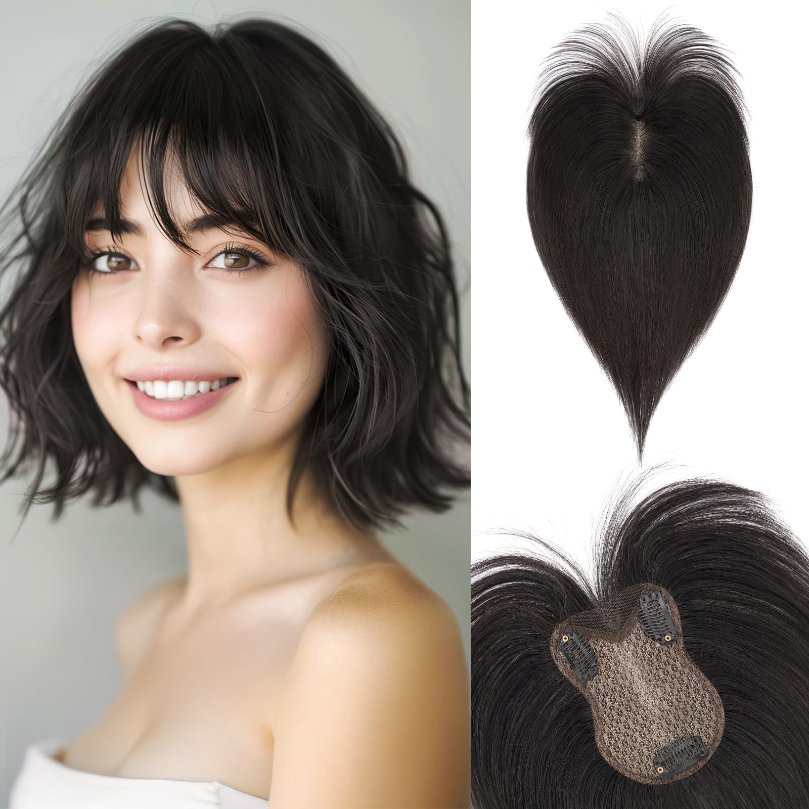 SEGOHAIR Hair Toppers for Women Human Hair with Bangs Double-Layer Hand-stitched 360°3D Coverage Natural for Thinning Hair Add Volume 11inch Black,21g — image 1