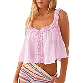 Women Y2k Ruffle Trim Tank Top Sleeveless Low Cut Ruched Flowy Crop Babydoll Top Summer Cute Sexy Beach Cami Shirts