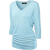 Made By Johnny Women's Casual Boat Neck and V-Neck 3/4 Sleeve Draped Dolman Top with Side Shirring Premium Shirt