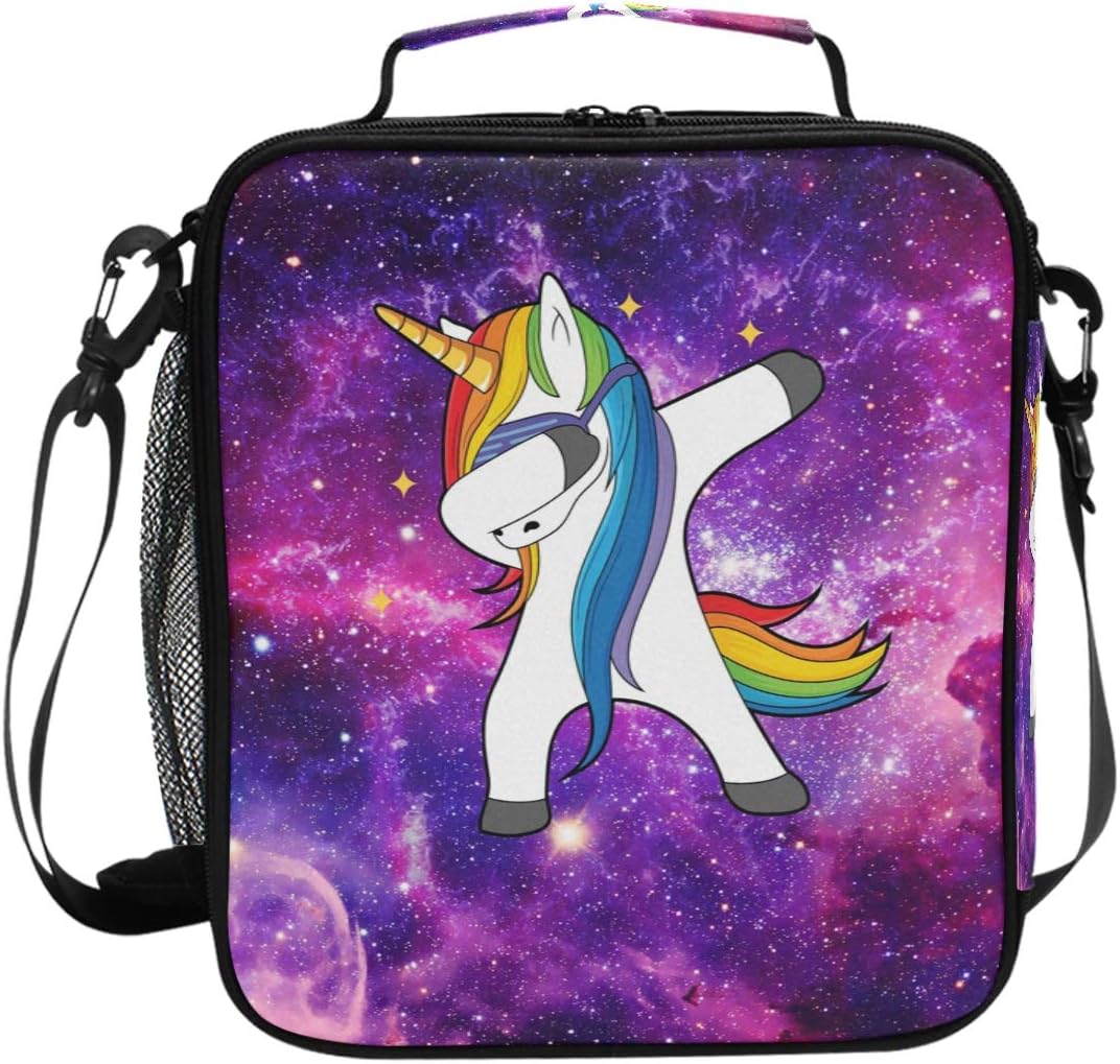 Pfrewn Unicorn Lunch Box Space Galaxy Animal Dabbing Unicorn Insulated Lunch Bag Reusable Cooler Meal Prep Bags Lunch Tote with Shoulder Strap for School Kids Girls Teens