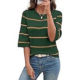 LOMON Womens Sweaters Casual Fall 2025 Crew Neck Striped 3/4 Sleeve Lightweight Knit Trendy Pullover Sweater Tops S-XL