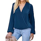 Am Direct Women's Long Sleeve Wrap V Neck Blouse Pleated Dressy Casual Work Tops