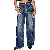 LEVNSD Womens High Waisted Rhinestone Jeans Straight Chic Wide Leg Bling Black Denim Pants Teen Girls Loose Fit Pearl Jeans