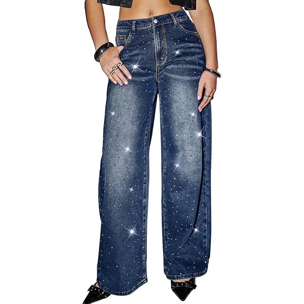 Jean Femme Taille Haute à Strass - Coupe Droite Jambes Larges - Denim Coton/polyester - Style Y2K Brillant Soirée