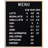 Large Black Felt Letter Board, 24 x 30 Inch Menu Board with 966 Characters | Wall-mounted wood-frame price list sign with 780 1-inch and 186 2-inch white characters for small businesses.