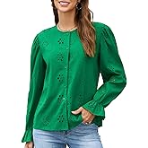 Quatrefox Women Eyelet Long Sleeve Tops Shirts Dressy Cotton Embroidered Ruffle Sleeve Round Neck Button Up Blouse