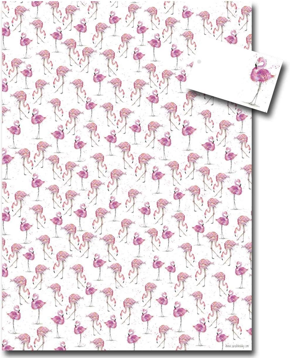 Flamingo Wrapping Paper - Pink Gift Wrap - Sarah Boddy - Recycled - Recyclable Wrapping Paper - Single Sheet with Matching Tag - Made in England