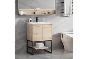 LUCKWIND 24" Bathroom Vanity with Sink Combo, Bathroom Storage Cabinet with Metal Frame, Matte Black Faucet, 1-Tier Open Shelf and 2 Soft-Closing Door, Natural Color