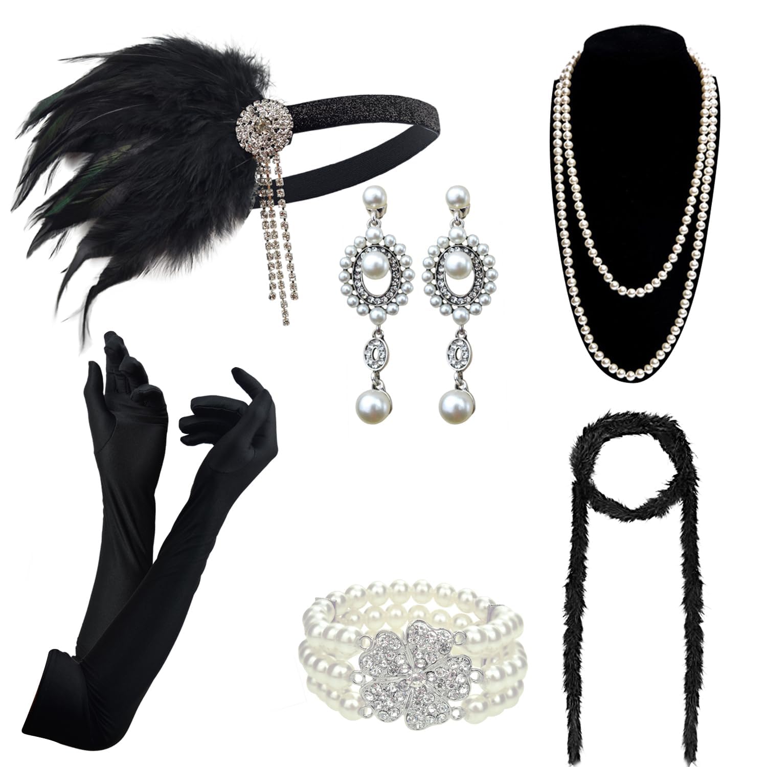 DRESHOW 1920s Accessories Headband Necklace Gloves Flapper Costume Accessories Set for Women