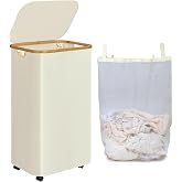 IEGrow Laundry Hamper with Wheels 110L Clothes Basket for Laundry,Beige | Laundry Basket with Lid and Bamboo Frame, for Laundry Room, Bedroom, Dormitory Storage