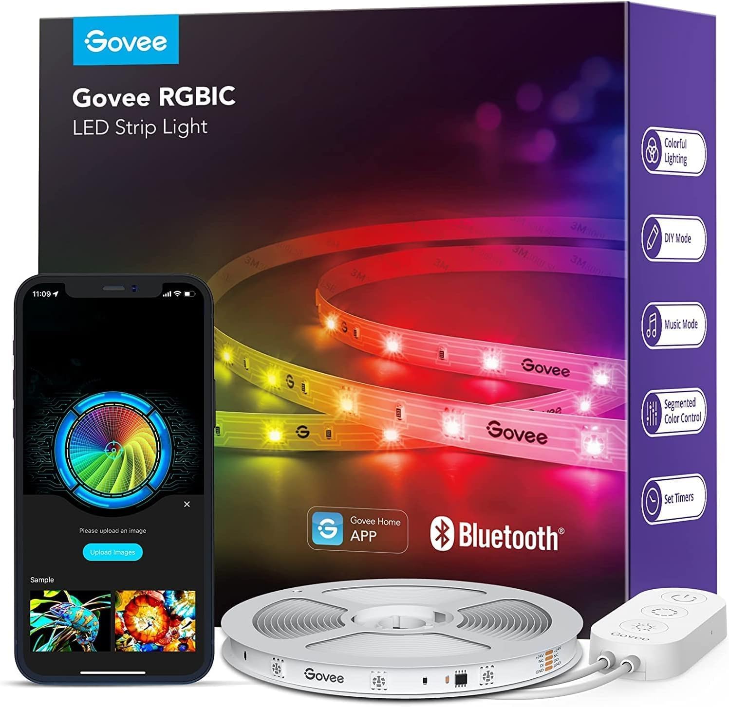Govee LED Strip Light 10m, RGBIC Smart LED Light Strip Bluetooth APP Control, DIY Color Changing, Music Sync, for Bedroom Kitchen Party Home Decor, Not Support WiFi