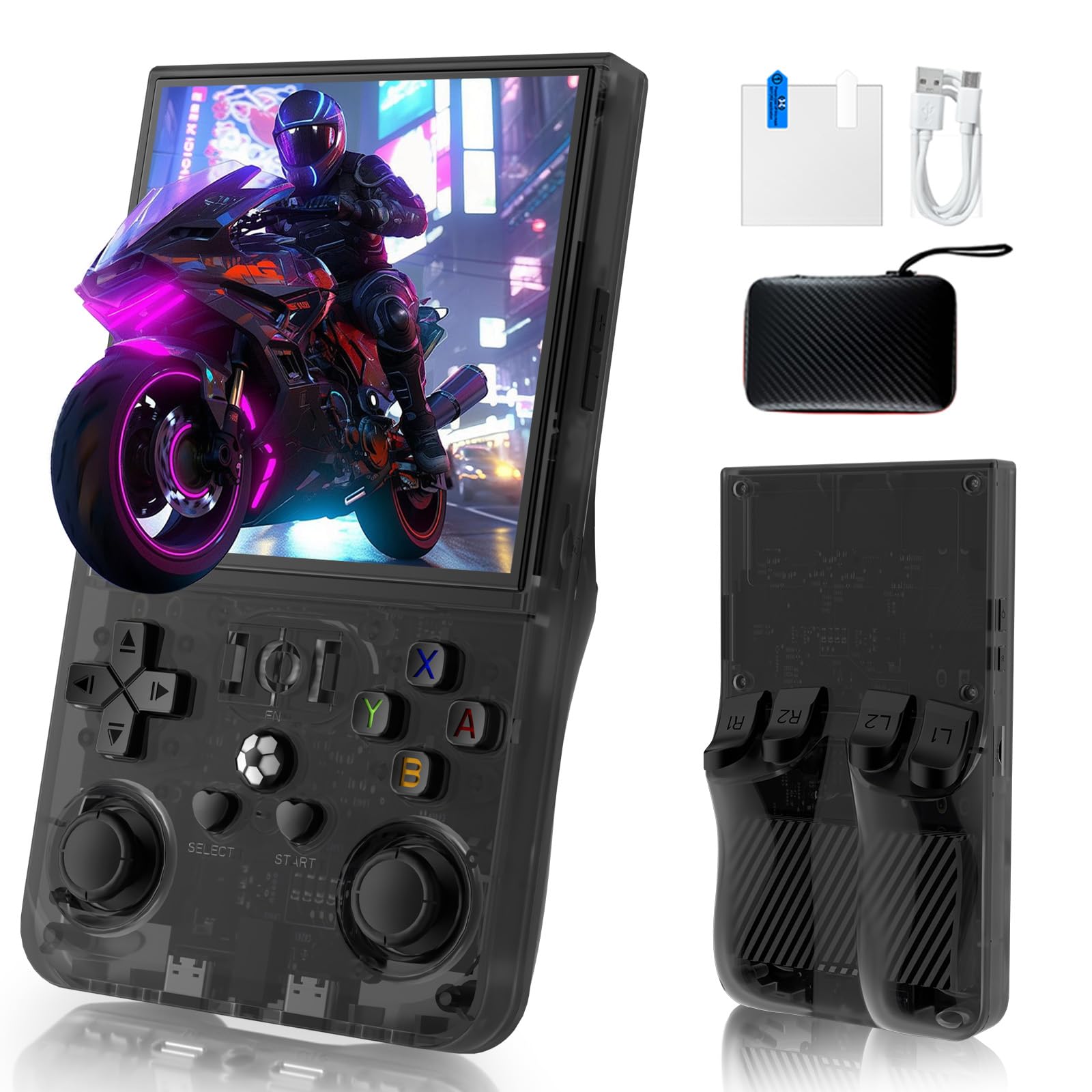 Photo 1 of **MISSING CHARGER**R36MAX Handheld Game Console, Built-in 4000mAh Battery, 4K HD 4" IPS Glass Screen, Supports 18000+ Classic Games, Linux-Based Retro Gaming Console (Black)