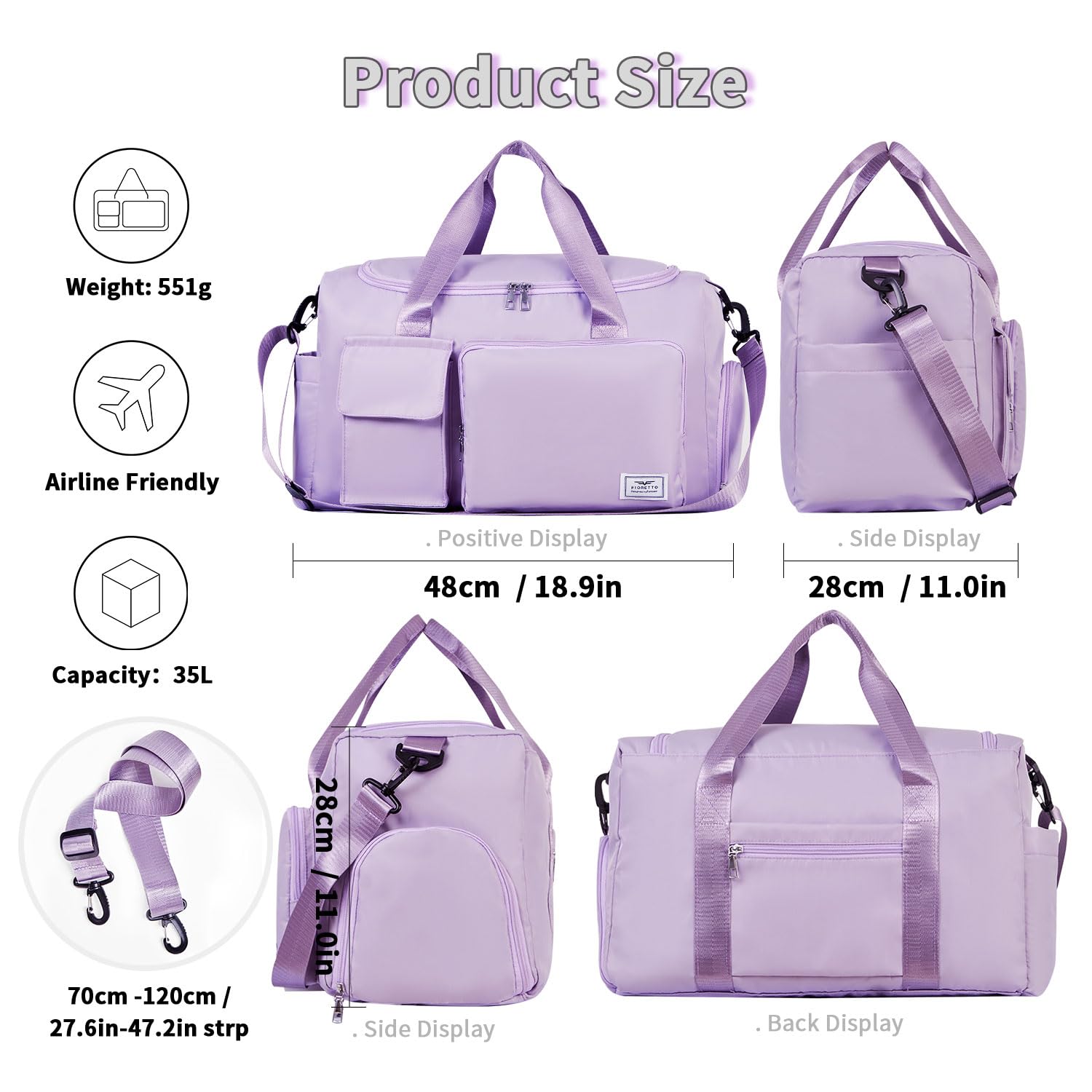 FIORETTO Women's Gym Duffle Bag with Shoes Compartment, 37L Capacity, Ideal for Travel, Gym, Sports, Duffel, Weekender
