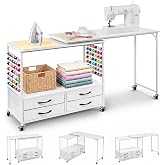 Sewing Table with Storage, 57&lsquo;&rsquo; Folding Sewing Machine Table - 84 Pegs | Sewing Desk Multipurpose Craft Station with 4Drawers, Lockable Wheels, Shelves
