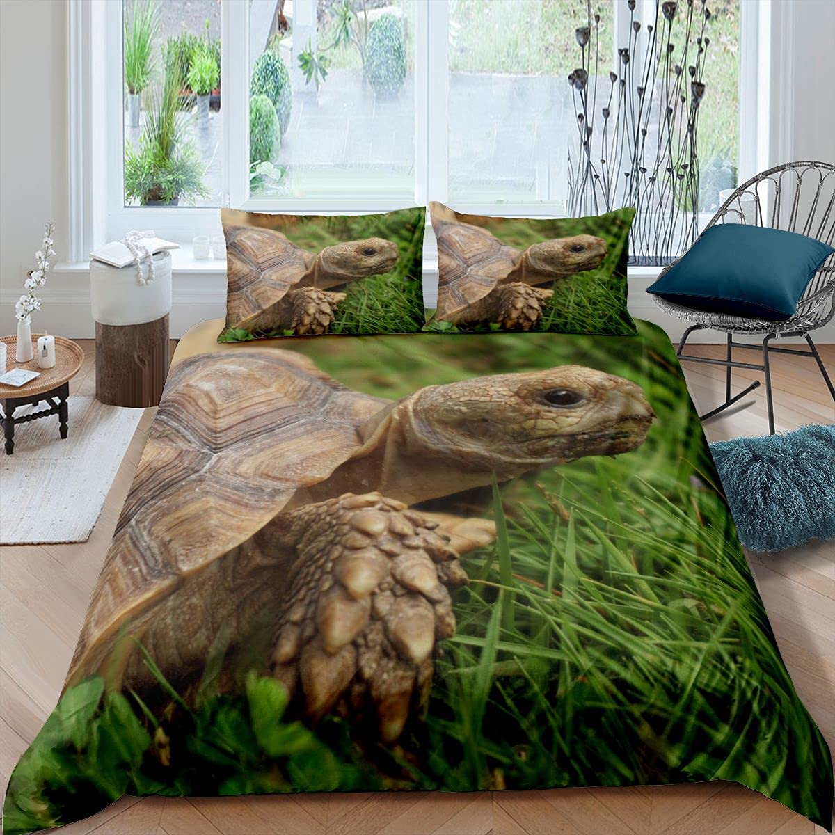 Tortoise On The Ground Comforter Cover 3D Reptile Printed Bedding Set for Boys Girls Children Animal Nature Themed Duvet Cover Room Decor Double Quilt Cover 3Pcs