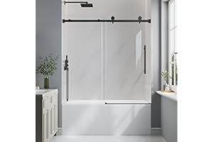 EASYWORC Bathtub Shower Door Frameless, 55-60" W x 60" H Sliding Tub Shower Door, 1/4''(6mm) SGCC Tempered Glass with Explosion-Proof Film Nano Coating, Stainless Steel Hardware, Matte Black