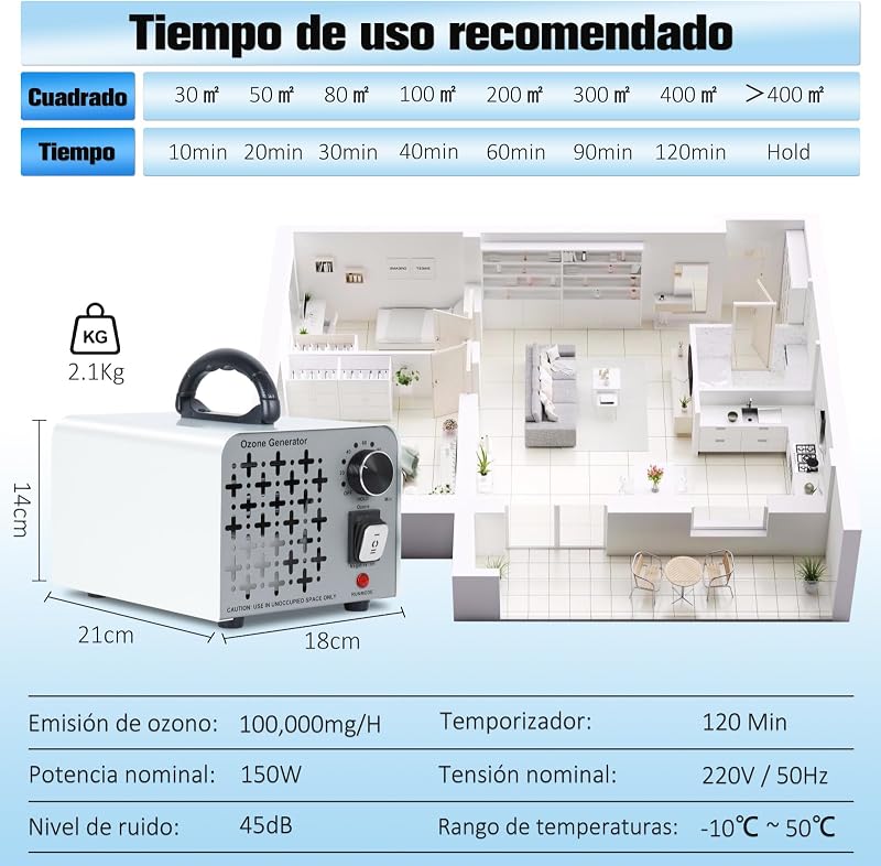 2 En 1 Generador de Ozono 100,000mg/H, Purificador de Aire con Modo de Ozono e Iones Negativos, Profesional Maquina Ozono O3 Ozonizador con Temporizador de 120 Min para Hogar Coche Hotel — foto 6 de 8