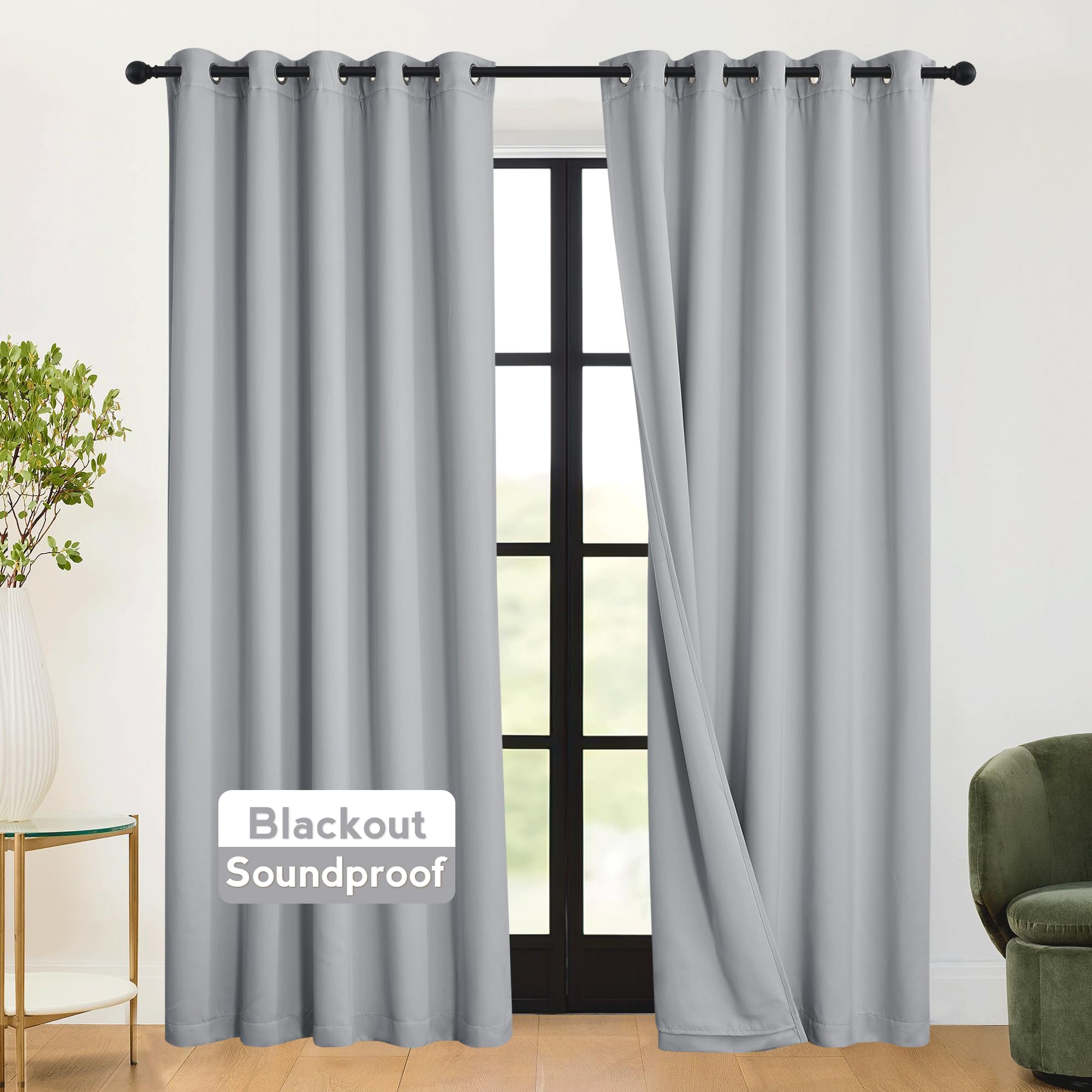 Photo 1 of RYB HOME 3-in-1 Soundproof - Blackout - Energy Saving Curtains for Bedroom, Soundproof Blanket Curtains for Living Room Boy Nursery Patio Door, Silver Grey, W 62 x L 95 inches, 2 Panels