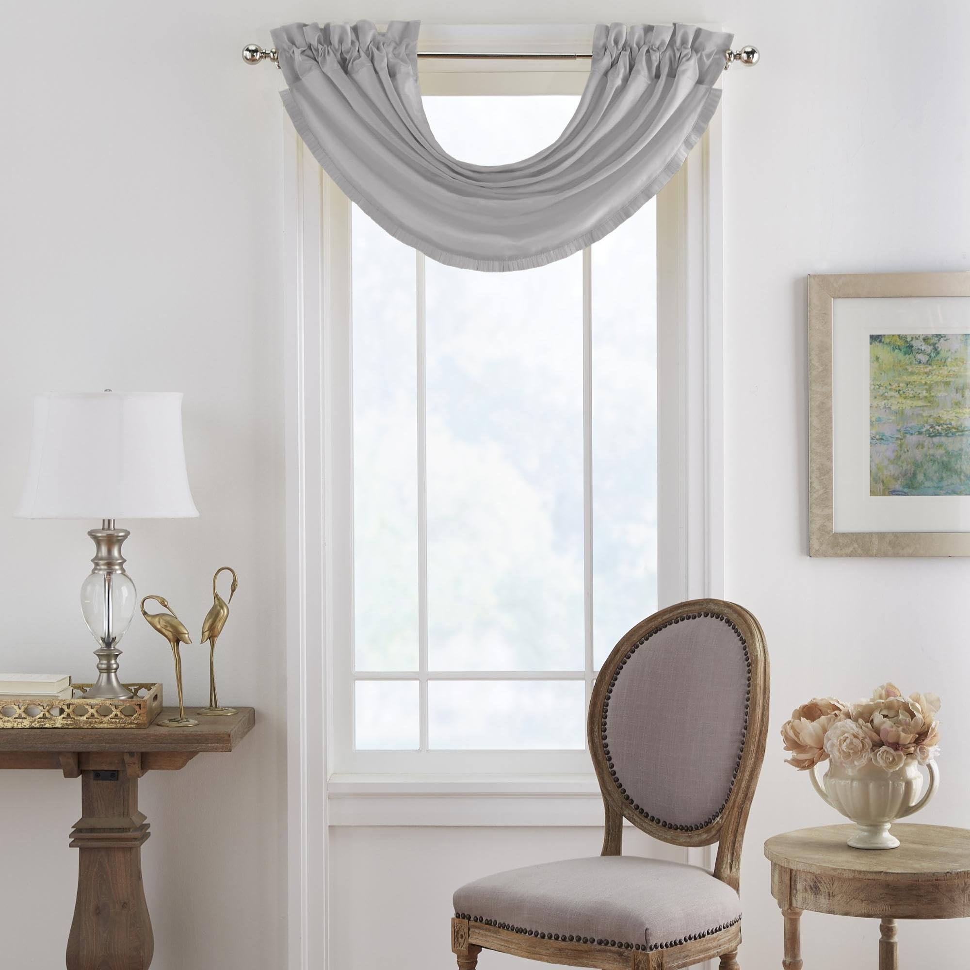 Elrene Home Fashions Versailles Faux Silk Room Darkening Rod Pocket Window Curtain Pleated Solid Waterfall Valance, 52 in x 36 in (1, Gray — image 1
