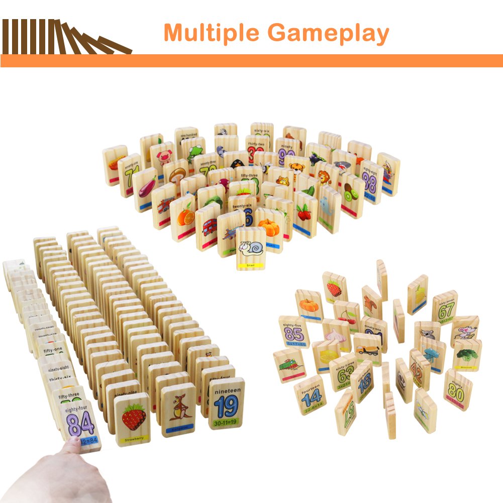 Akokie Wooden Toys Dominoes 100 Pcs Wooden Building Blocks Stacking Toys with Numbers Bag Storage for Kids 3 4 5 6 Years Old