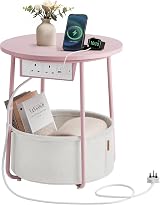 VASAGLE Round Side Table with Charging Station Jelly Pink Cream White LET228R03