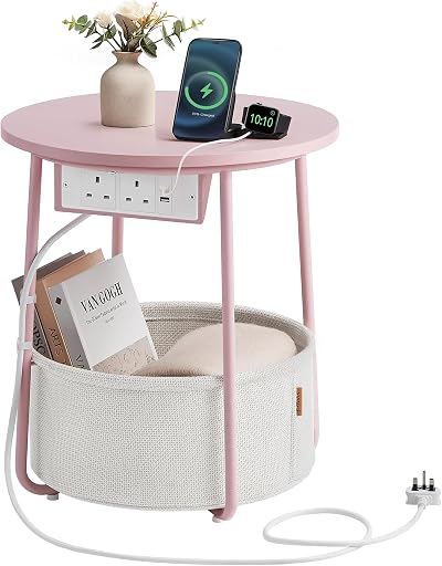 VASAGLE Round Side Table with Charging Station Jelly Pink Cream White LET228R03