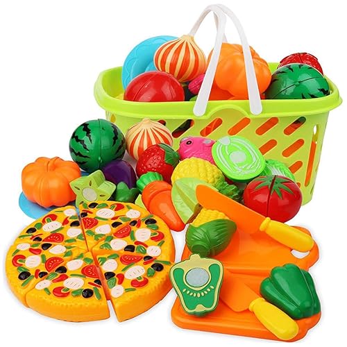 Cutting Play Food Set Kitchen Pretend 40pcs Grocery Basket Toys Food for  Kids Toddlers Girls Boys Educational Fake Fruits Vegetables Pizza Knife
