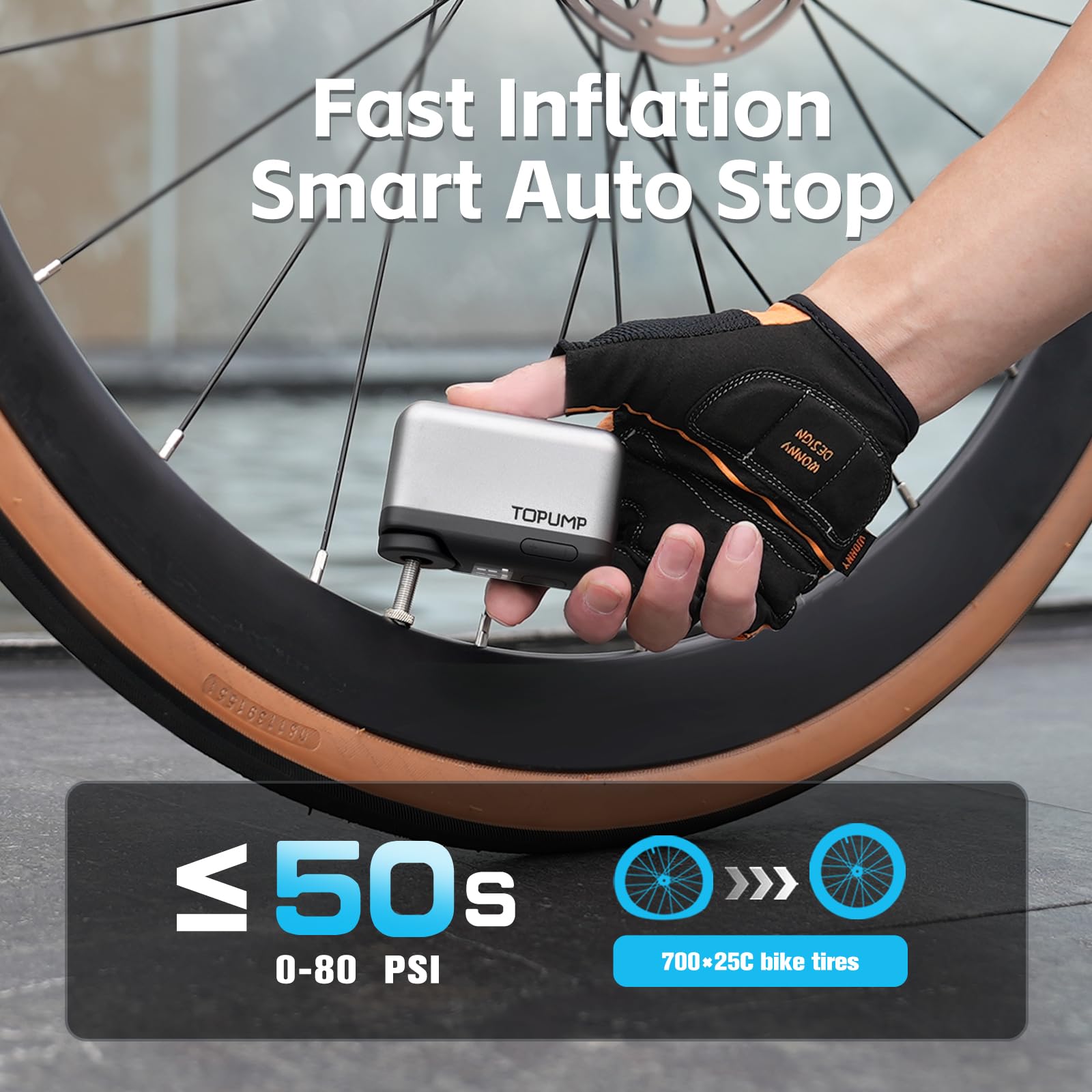 TOPUMP Mini Fahrradpumpe, Elektrische Fahrradluftpumpe mit Manometer, Ultrakleine 120PSI Akku Fahrradpumpe mit Presta und Schrader-Ventil, Auto Stopp, für Rennrad, Mountainbike und Stadtrad 4