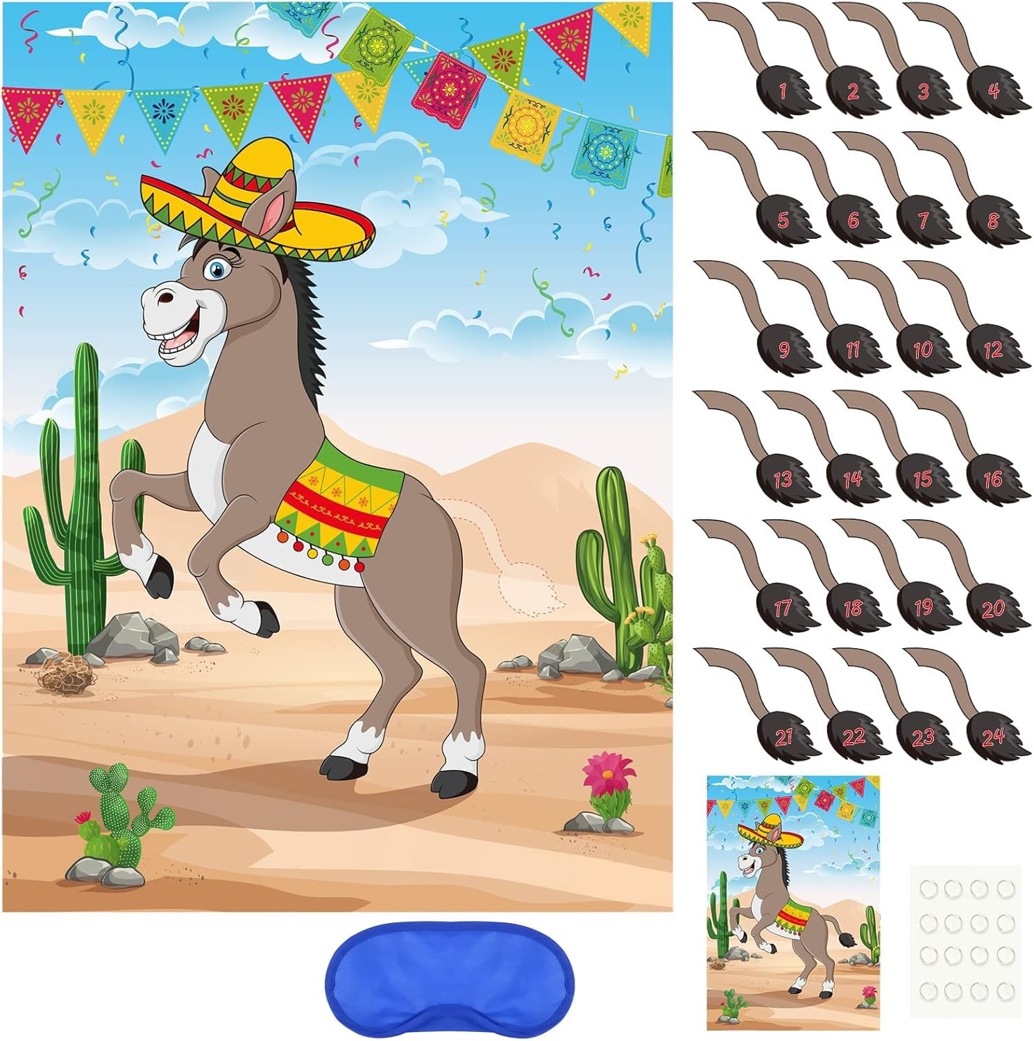 Photo 1 of PLULON Pin The Tail on The Donkey Birthday Games for Kids Mexican Donkey Game Poster with Tail Stickers Donkey Party Favors Carnival Birthday Fiesta Home Wall Decor Classroom Family Activities