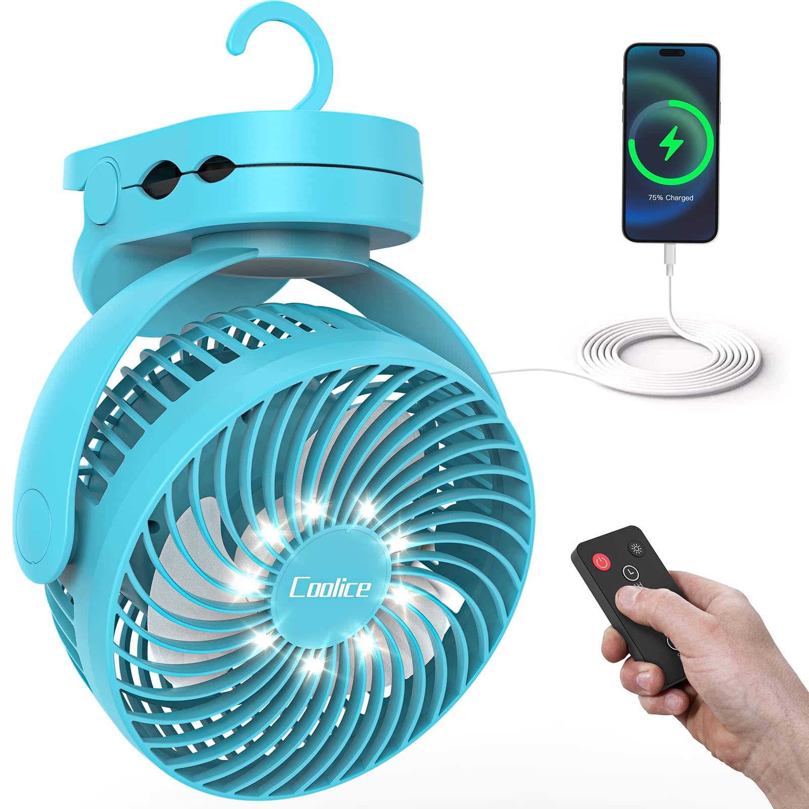 Photo 1 of Camping Fan with Remote Control - 12000mAh Rechargeable Battery Powered Fan, Camping Fans for Tents with LED light & Hanging Hook, Rechargeable Battery Operated Ceiling Fans for Tent RV Bed, Blue