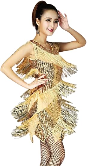 Amazon Sadall ラテンダンスドレス フリンジ スパンコール ワンピース レッスン着 ギャラリー ワンピース スパンコール衣装 フリンジ メタリック ノースリーブ 社交ダンス 演出衣装 ゴールデン Sadall 社交ダンス