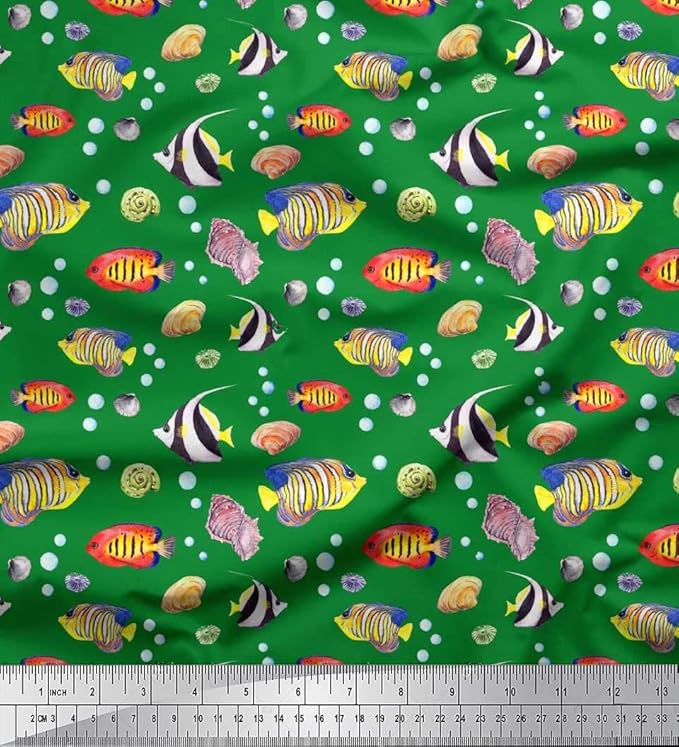 Soimoi Grun Moos Georgette Stoff Blasen, Shell & Fisch Ozean Drucken