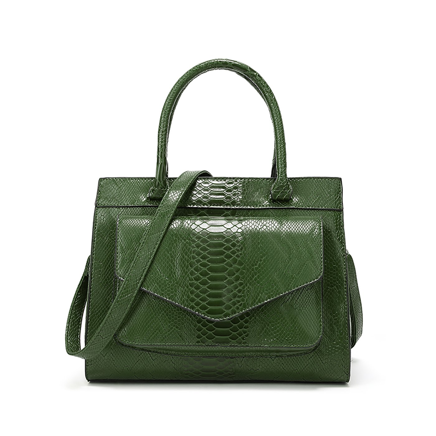 Coolives Women's Snake Texture Top Handle Bag with Shoulder Strap in PU Patent Leather Green