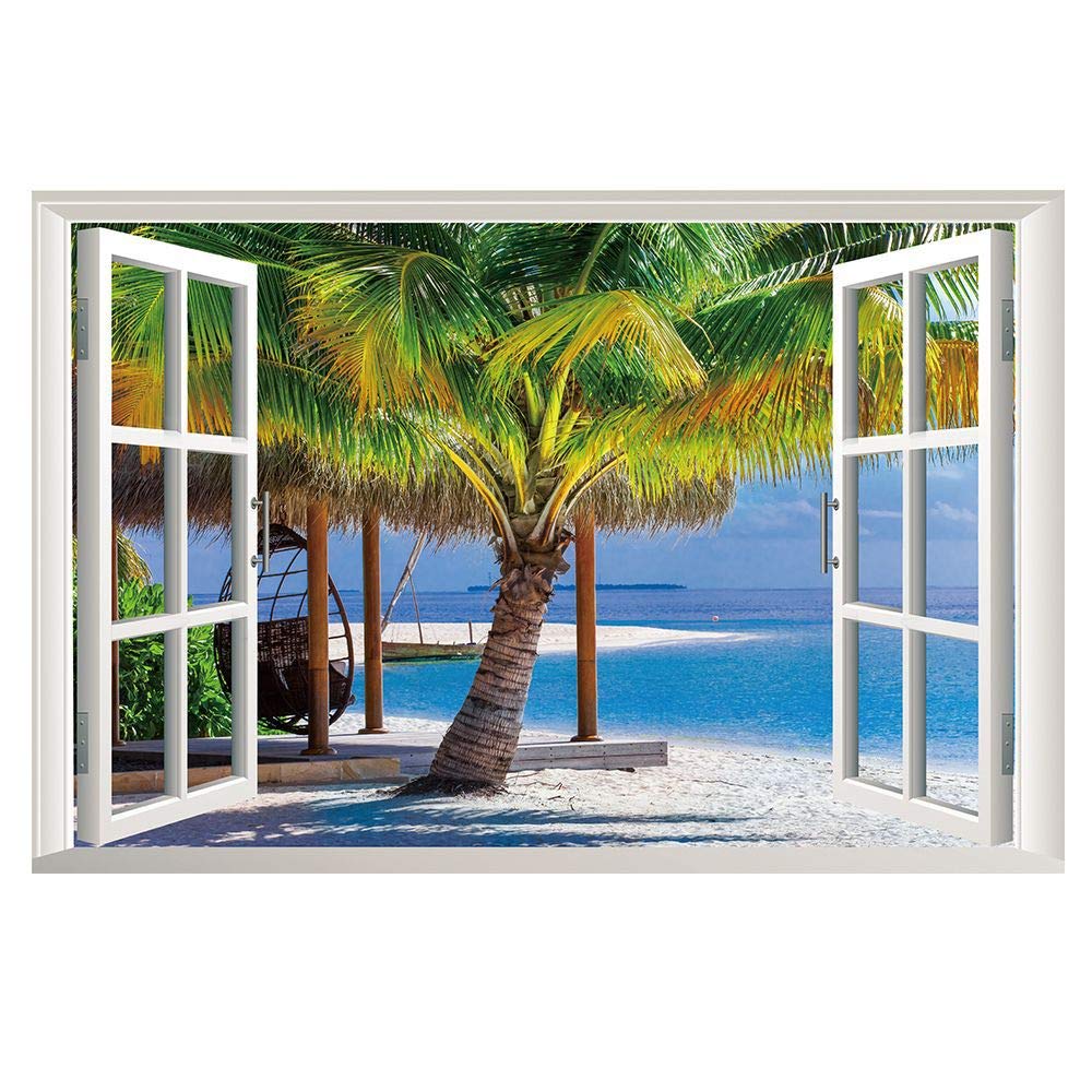 Lichi 3D Fake Window Wall Sticker of Palm Tree View Scenery Mural Decal for Home Decoration