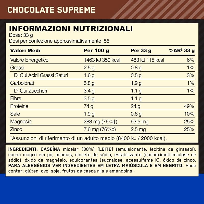 Gold Standard 100% Proteine Caseina in Polvere, Gusto Cioccolato Supreme, 1.82kg, 55 Porzioni